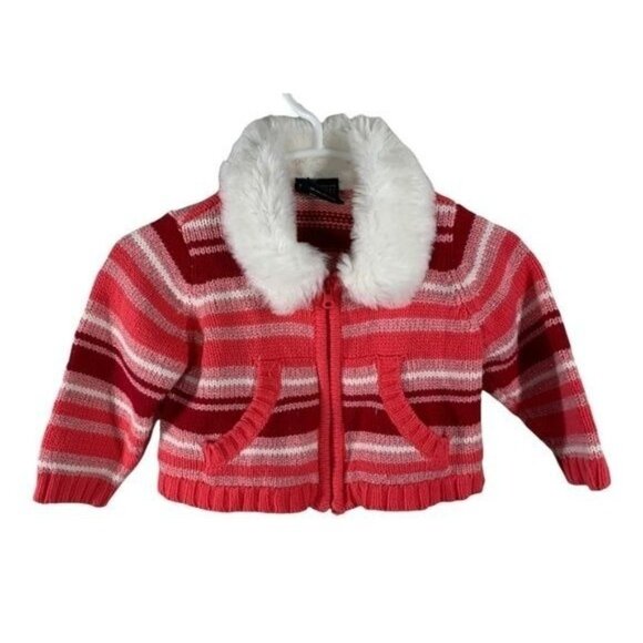The Childrens Place Baby Girl 6-9M Pink Stripe Cardigan Sweater Faux Fur Collar - Picture 1 of 12
